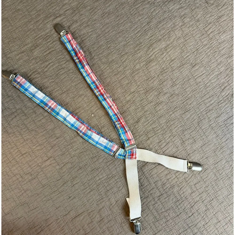 Toddler Boy Suspenders Blue Red Yellow White Plaid Preppy Easter